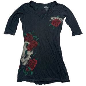 Y2K Women's Sinful Affliction Skull Roses AOP Quarter Sleeve T-shirt Size M